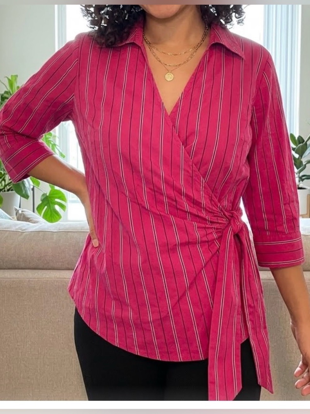 Red Striped Wrap Blouse Studio 1940 NWT